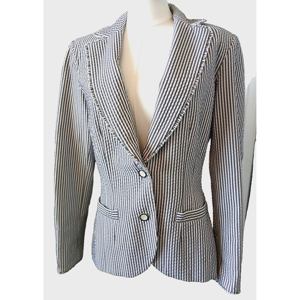 Etcetera Seersucker Black Striped Jacket Ruffled Detail Women's Size 10